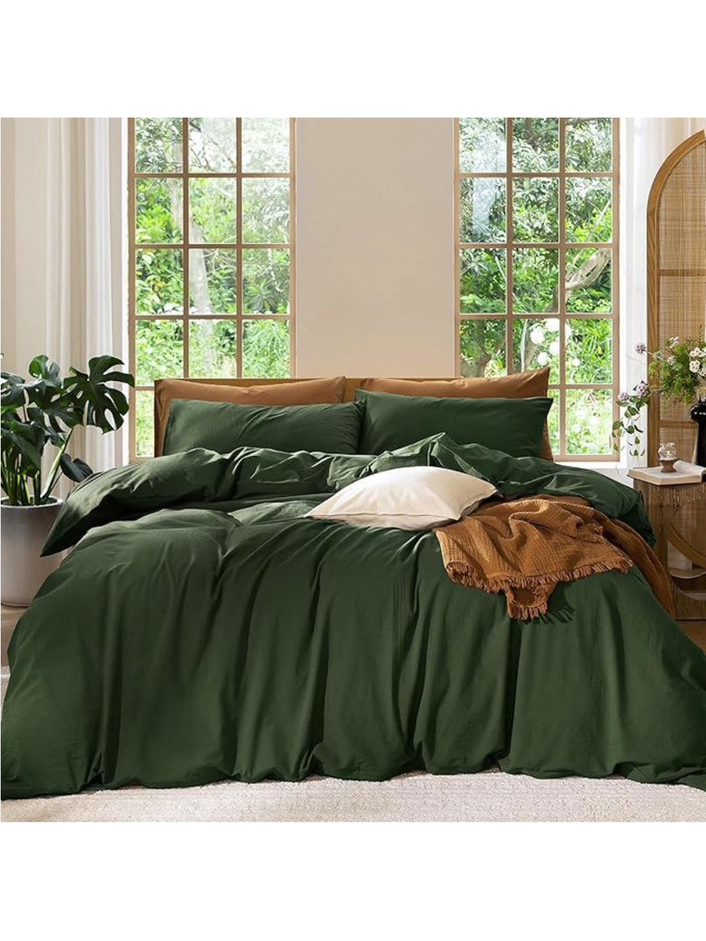 NEW MooMee Duvet Set 100% Washed Cotton Linen Like. Forest Green, Queen 90"x90"